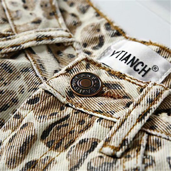 Leopard print τζιν σορτς Γυναικείο τρύπα τσέπη Ψηλόμεσο Τζιν σορτς Streetwear Καλοκαιρινή μόδα Φαρδύ φαρδύ πόδι Κοντό παντελόνι Τζιν