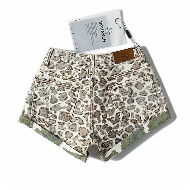 Džinsiniai šortai su leopardo raštu Moteriški kišenės aukštu juosmeniu Džinsai Šortai Gatvės drabužiai Vasaros mados Laisvos plačios kelnės trumpos kelnės Džinsai