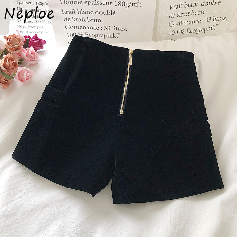 Neploe kõrge vöökohaga kuldne sametine laia säärega lühikesed püksid, šikid kaherealised lukuga põhjad, sügistalvine mood Täiuslik vabaaja Ropa Mujer