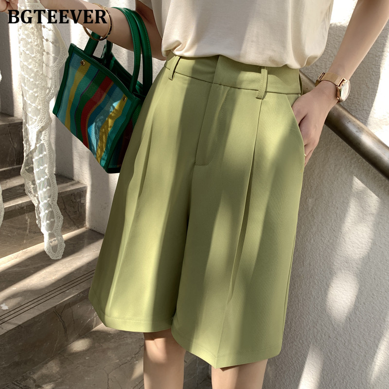 BGTEEVER Mood kõrge vöökohaga naiste lühikesed püksid vabaaja poolpikad püksid Vööga naiste avarate lühikeste pükste taskud 2021 kevadsuvi