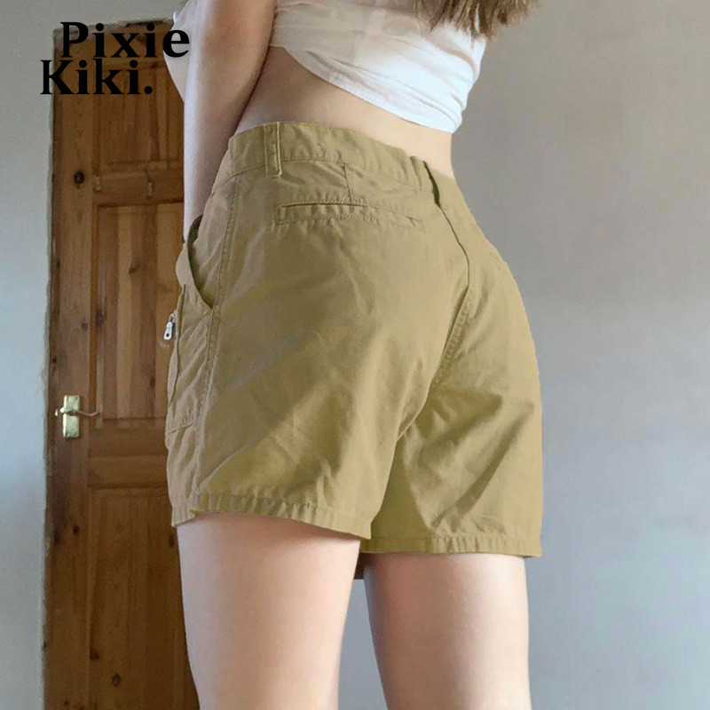 PixieKiki kényelmes khaki farmer rövidnadrág női ruházathoz 2022-es divat, alkalmi nyári alsónadrág farmer magas derekú tehernadrág P84-DF22