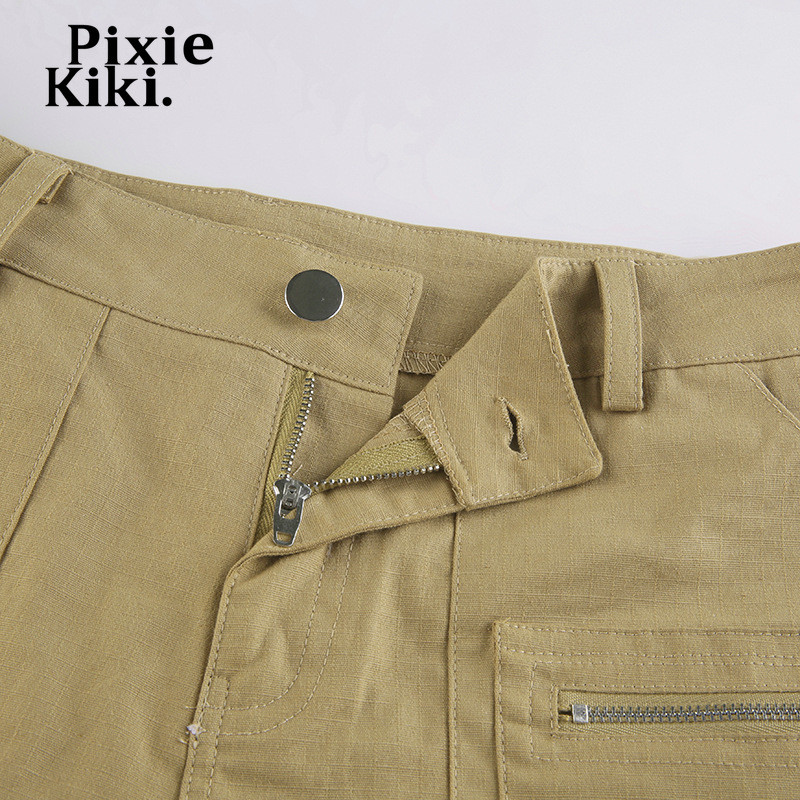 PixieKiki kényelmes khaki farmer rövidnadrág női ruházathoz 2022-es divat, alkalmi nyári alsónadrág farmer magas derekú tehernadrág P84-DF22