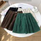Corduroy Shorts Női Karácsonyi divat Solid Egyszerű Legújabb Retró Őszi Téli Magas derekú Ulzzang Teljesen illő utcai viselet női