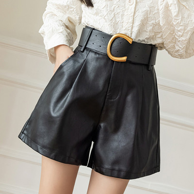 Gatvės apranga PU odiniai šortai moteriški rudeniniai žieminiai laisvi šortai aukštu juosmeniu su diržu Fashion Short Moterys