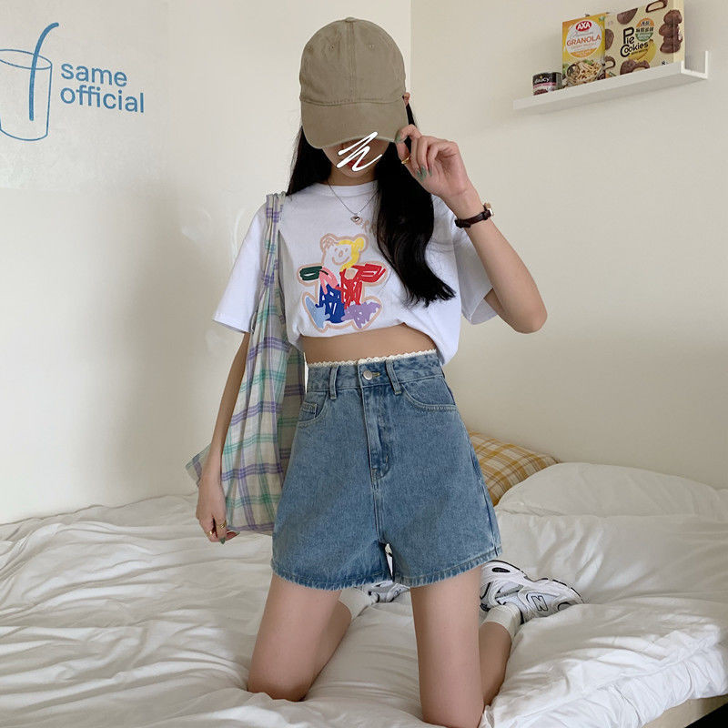 Rövidnadrág Női Patchwork Csipke kék farmer Egyenes koreai stílus Egyszerű dizájn Édes, kedves diáklányok alkalmi karcsú divat Chi