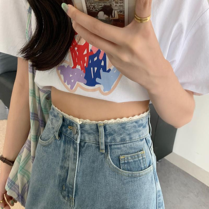 Rövidnadrág Női Patchwork Csipke kék farmer Egyenes koreai stílus Egyszerű dizájn Édes, kedves diáklányok alkalmi karcsú divat Chi