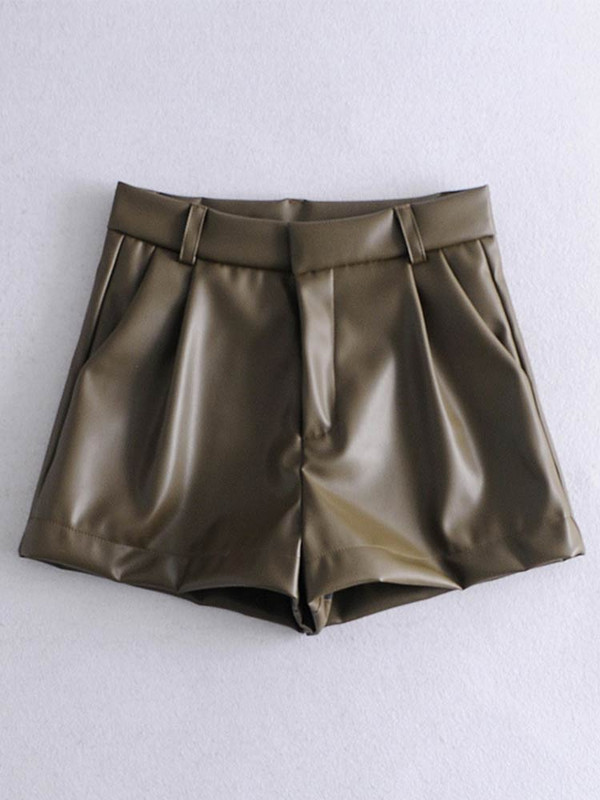 Női rövidnadrágok 2022 Vintage redőzött PU bőr rövidnadrágok Női magas derekú nadrágok tavaszi nyár elegáns irodai rövidnadrágok