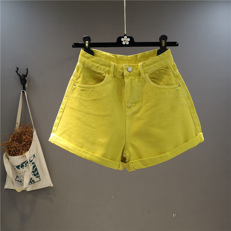 Vasaros rožiniai rožiniai džinsiniai šortai, moteriški Nauji saldainių spalvos plačios riestos plonos džinsai karštos kelnės Moteriškos seksualios geltonos apatinės kelnės