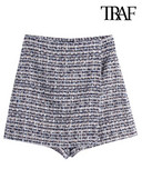 TRAF Moteriškos Prašmatnios mados tvido šortai senoviniai sijonai aukštu juosmeniu, užtrauktuku, moteriški sijonai Mujer