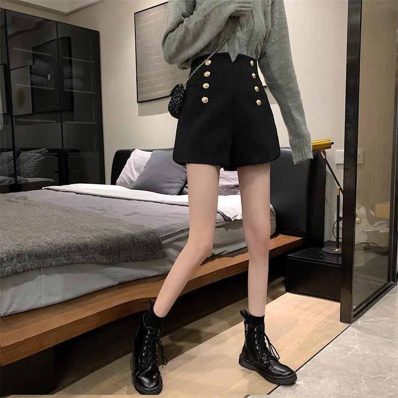 Naiste lühikesed püksid, kaherealised vabaaja kõrge vöökohaga A-joonega lai jalg, must naine Elegantne kontoriproua Kprean stiil Stiilne, kõik sobivad