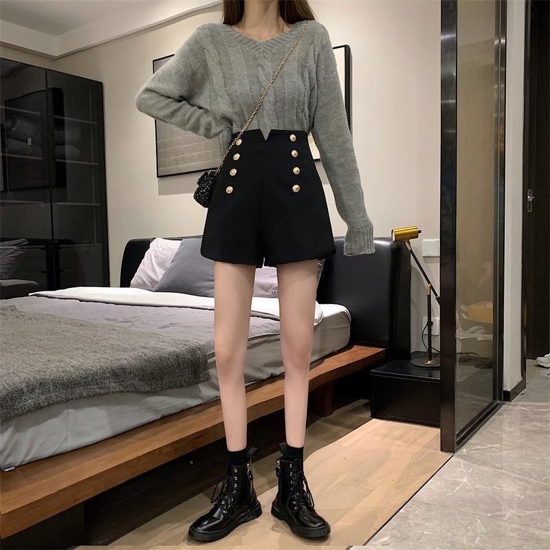 Naiste lühikesed püksid, kaherealised vabaaja kõrge vöökohaga A-joonega lai jalg, must naine Elegantne kontoriproua Kprean stiil Stiilne, kõik sobivad