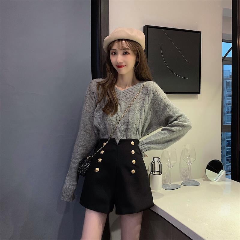 Naiste lühikesed püksid, kaherealised vabaaja kõrge vöökohaga A-joonega lai jalg, must naine Elegantne kontoriproua Kprean stiil Stiilne, kõik sobivad