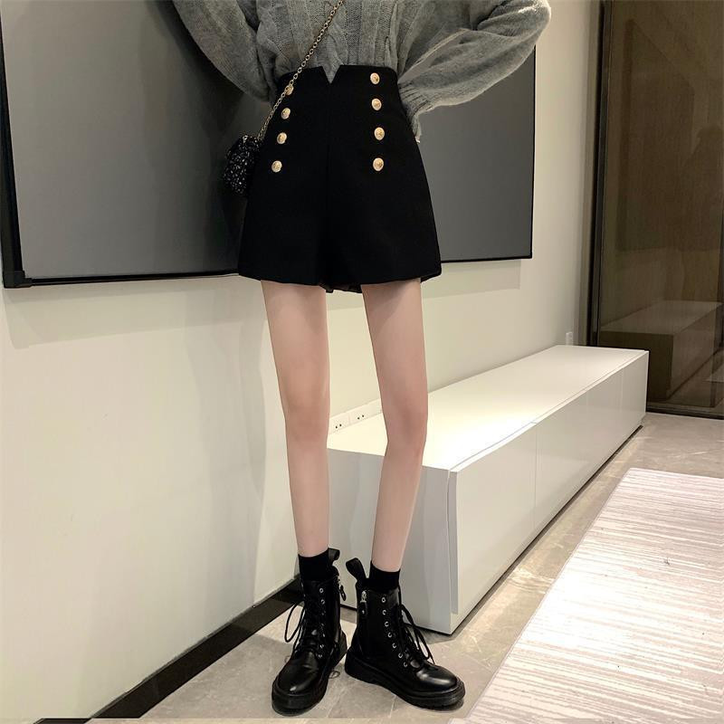 Naiste lühikesed püksid, kaherealised vabaaja kõrge vöökohaga A-joonega lai jalg, must naine Elegantne kontoriproua Kprean stiil Stiilne, kõik sobivad