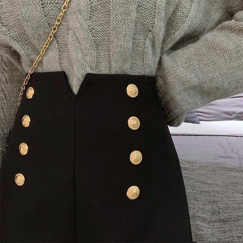 Naiste lühikesed püksid, kaherealised vabaaja kõrge vöökohaga A-joonega lai jalg, must naine Elegantne kontoriproua Kprean stiil Stiilne, kõik sobivad