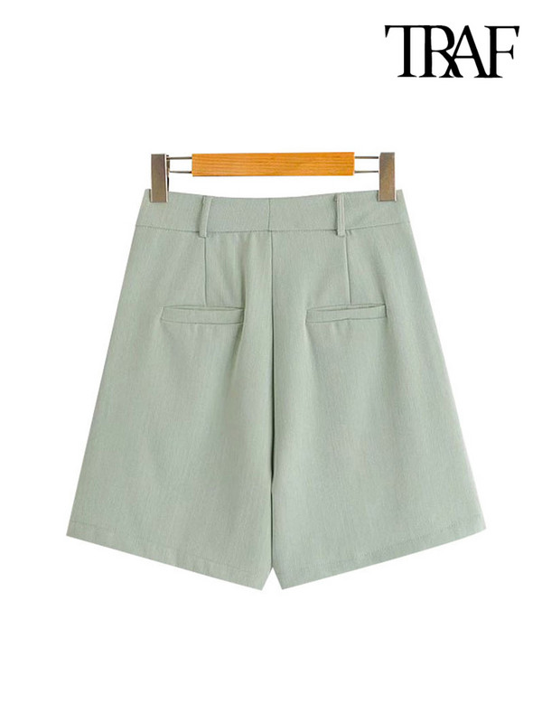 TRAF Női Elegáns, divatos oldalzsebek Egyenes rövidnadrágok Vintage magas derekú cipzáras női rövidnadrágok Pantalones Cortos