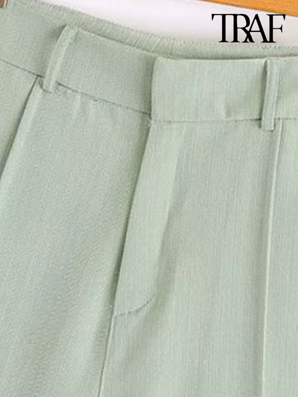 TRAF Női Elegáns, divatos oldalzsebek Egyenes rövidnadrágok Vintage magas derekú cipzáras női rövidnadrágok Pantalones Cortos