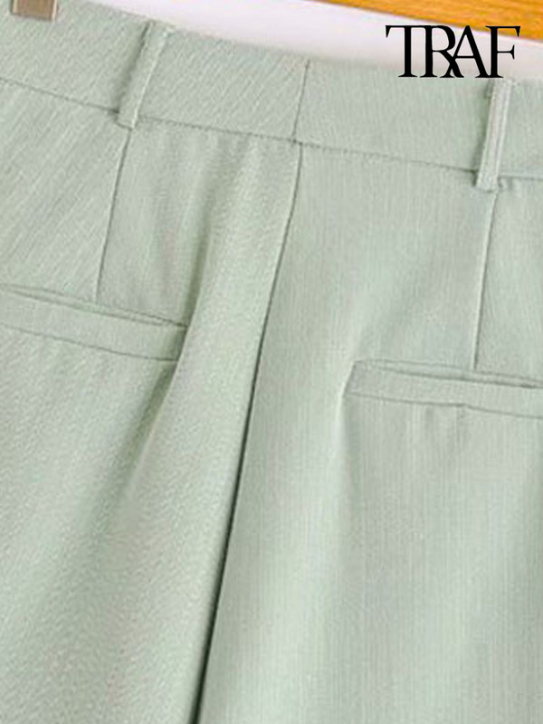 TRAF Női Elegáns, divatos oldalzsebek Egyenes rövidnadrágok Vintage magas derekú cipzáras női rövidnadrágok Pantalones Cortos