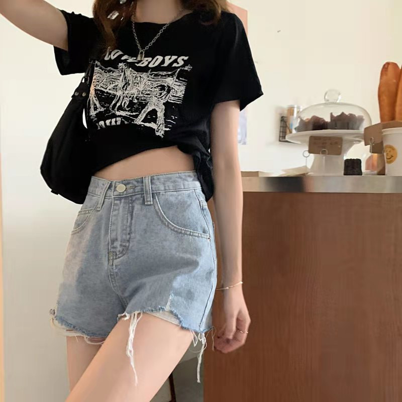 Nauji vasariniai moteriški džinsai ir šortai su aukštu juosmeniu Laisvi moteriški laisvi mėlyni, balti ir juodi džinsai ir šortai