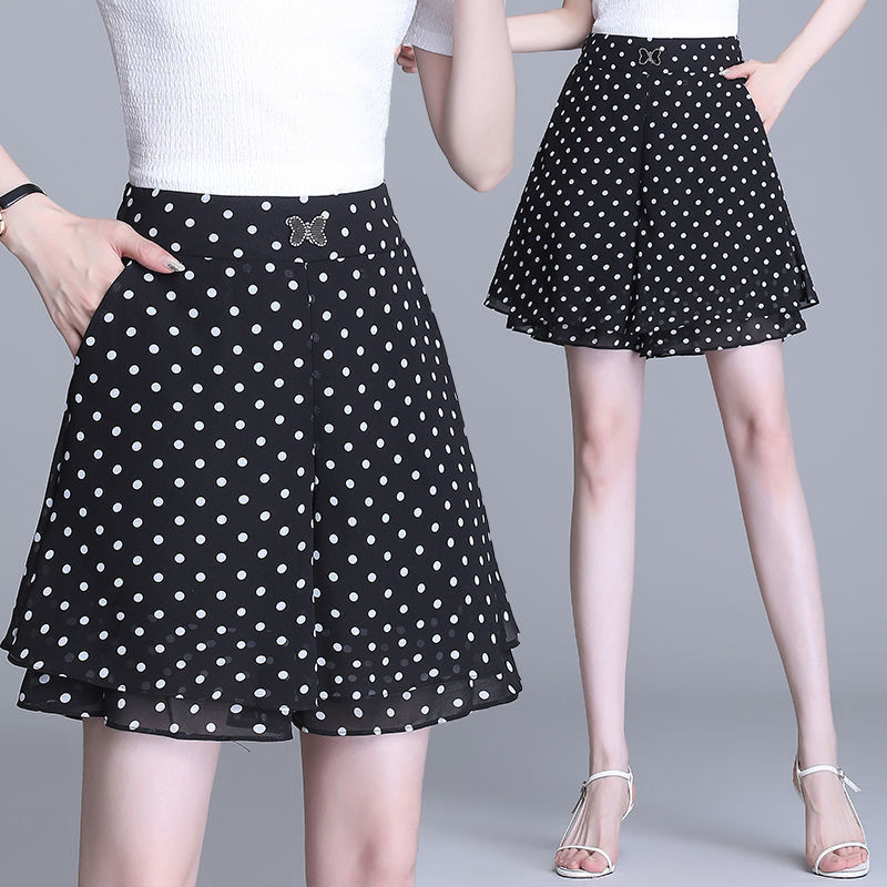 2022 m. vasaros šifoniniai šortai moterims Dvisluoksniai šortai su plačiu liemeniu, laisvalaikio laisvi sijono šortai korėjietiški moteriški juodi E106