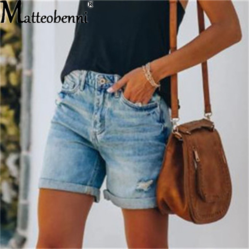2022-es új All Match kék női karcsú lyukú farmer rövidnadrág Divat alkalmi nyári farmer rövidnadrág Szexi egyszínű mosás Streetwear rövidnadrág