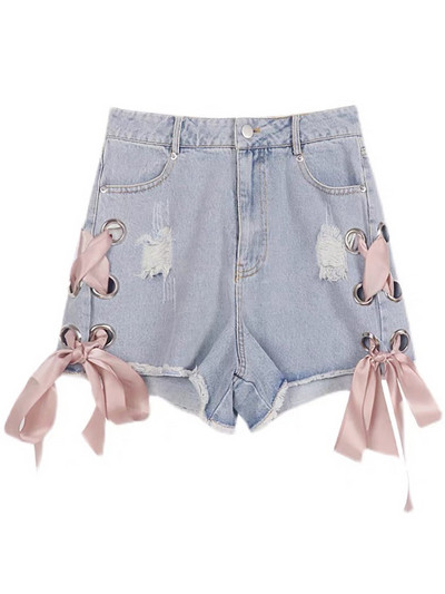 Szexi nyári női farmer rövidnadrág 2022 nyári kék magas derekú rövid farmer Női divat szakadt lyukas rózsaszín oldalsó fűzős masni meleg nadrág