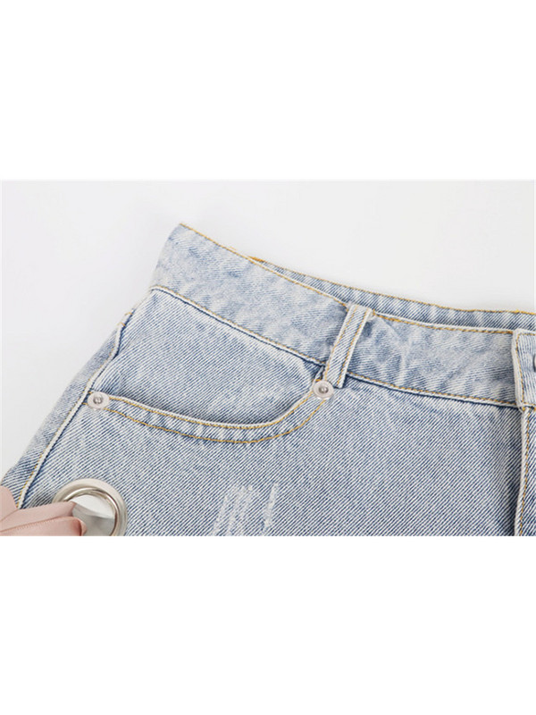 Szexi nyári női farmer rövidnadrág 2022 nyári kék magas derekú rövid farmer Női divat szakadt lyukas rózsaszín oldalsó fűzős masni meleg nadrág