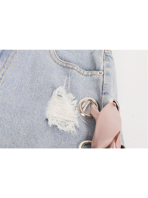 Szexi nyári női farmer rövidnadrág 2022 nyári kék magas derekú rövid farmer Női divat szakadt lyukas rózsaszín oldalsó fűzős masni meleg nadrág