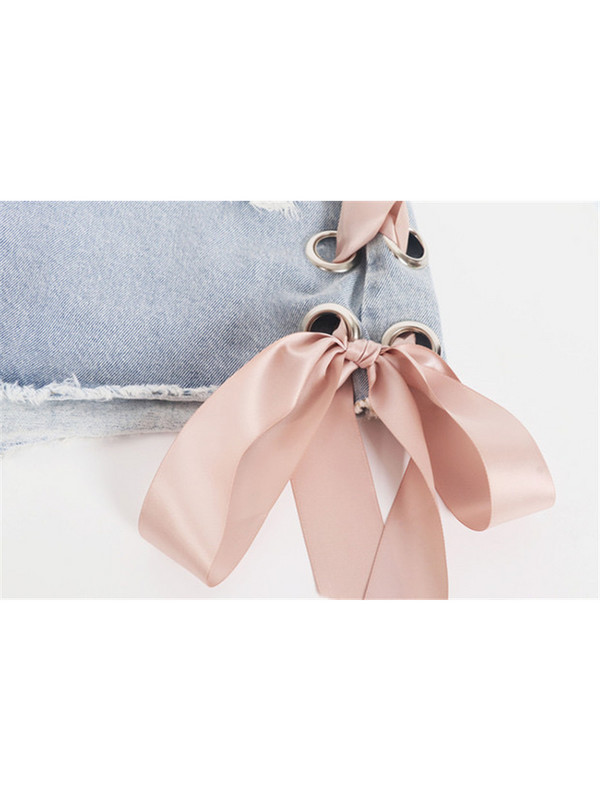 Szexi nyári női farmer rövidnadrág 2022 nyári kék magas derekú rövid farmer Női divat szakadt lyukas rózsaszín oldalsó fűzős masni meleg nadrág