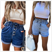 2021 m. Nauji moteriški vasariniai džinsiniai šortai Madingi laisvalaikio aukšto juosmens raukiniai šortai elastiniu juosmeniu Džinsai XS-XL Pristatymas