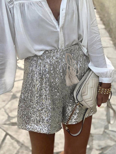 Alacsony derekú, ezüst flitterű női rövidnadrágok újévi buliba fűzős női mini rövidnadrágok 2022 nyár ősz új utcai ruházat, laza hölgyek