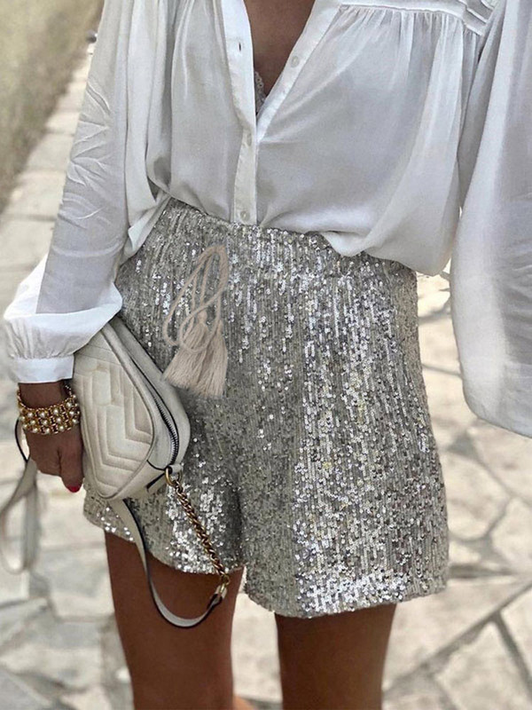 Alacsony derekú, ezüst flitterű női rövidnadrágok újévi buliba fűzős női mini rövidnadrágok 2022 nyár ősz új utcai ruházat, laza hölgyek