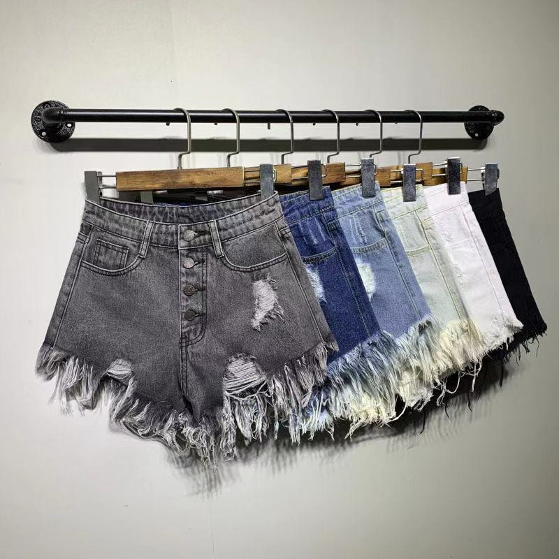 2021-es nyári farmer rövidnadrágok, női divat lyukak, hétköznapi, hűvös, magas derekúak, szőrmével bélelt lábnyílások gomb Szexi női rövid farmernadrág