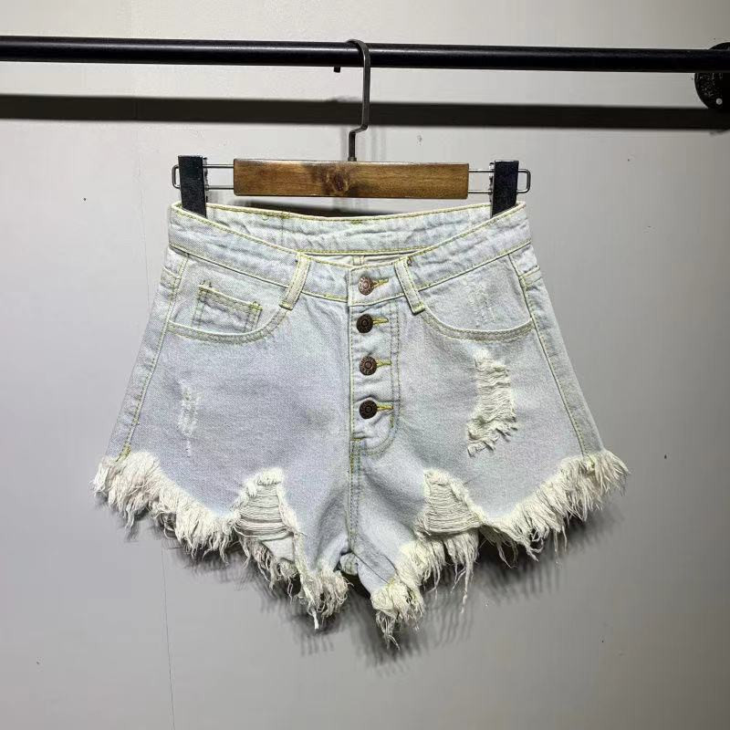 2021-es nyári farmer rövidnadrágok, női divat lyukak, hétköznapi, hűvös, magas derekúak, szőrmével bélelt lábnyílások gomb Szexi női rövid farmernadrág