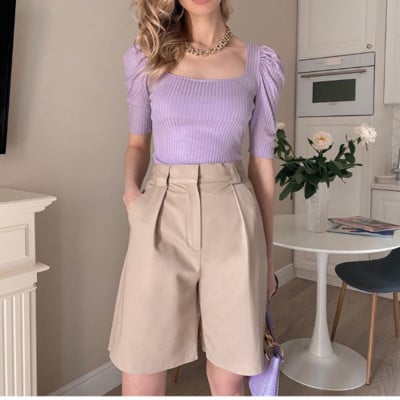 Kõrge vöökohaga lühikesed püksid, 2022. aasta suvi, naiste mood, uued täisnööbiga laia säärega püksid, lillad, rohelised, vabad naiste lühikesed püksid