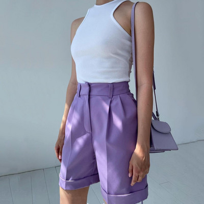 Kõrge vöökohaga lühikesed püksid, 2022. aasta suvi, naiste mood, uued täisnööbiga laia säärega püksid, lillad, rohelised, vabad naiste lühikesed püksid