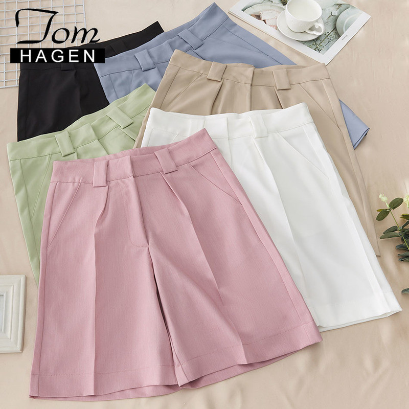 Suvised pikad lühikesed püksid naistele kõrge vöökohaga vabaaja roosad vabad khaki põlvepikkused naiste laia säärega lühikesed püksid taskutega