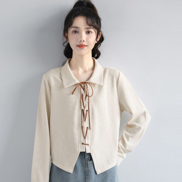 Elegantiški moteriški marškiniai su apykakle ir raišteliais