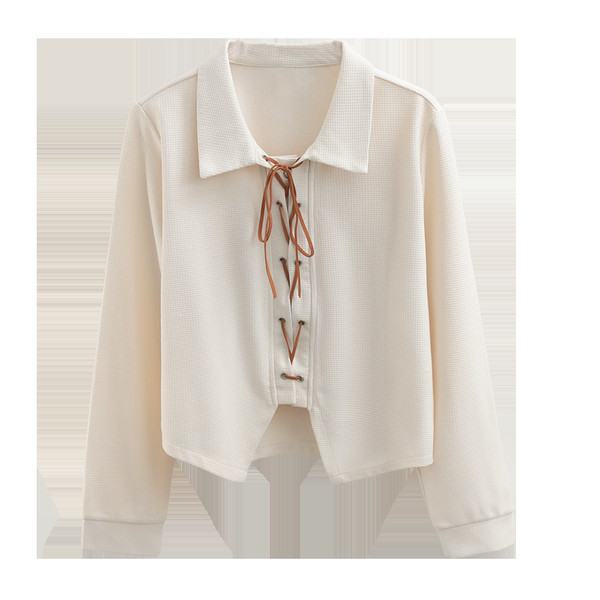 Elegantiški moteriški marškiniai su apykakle ir raišteliais