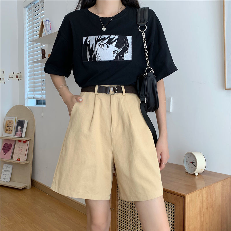 Rövidnadrágok Női Solid Minimalista Női Elegáns nyári koreai diák High Street laza, széles nadrág Népszerű BF stílus Ulzzang