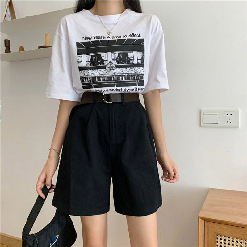 Rövidnadrágok Női Solid Minimalista Női Elegáns nyári koreai diák High Street laza, széles nadrág Népszerű BF stílus Ulzzang