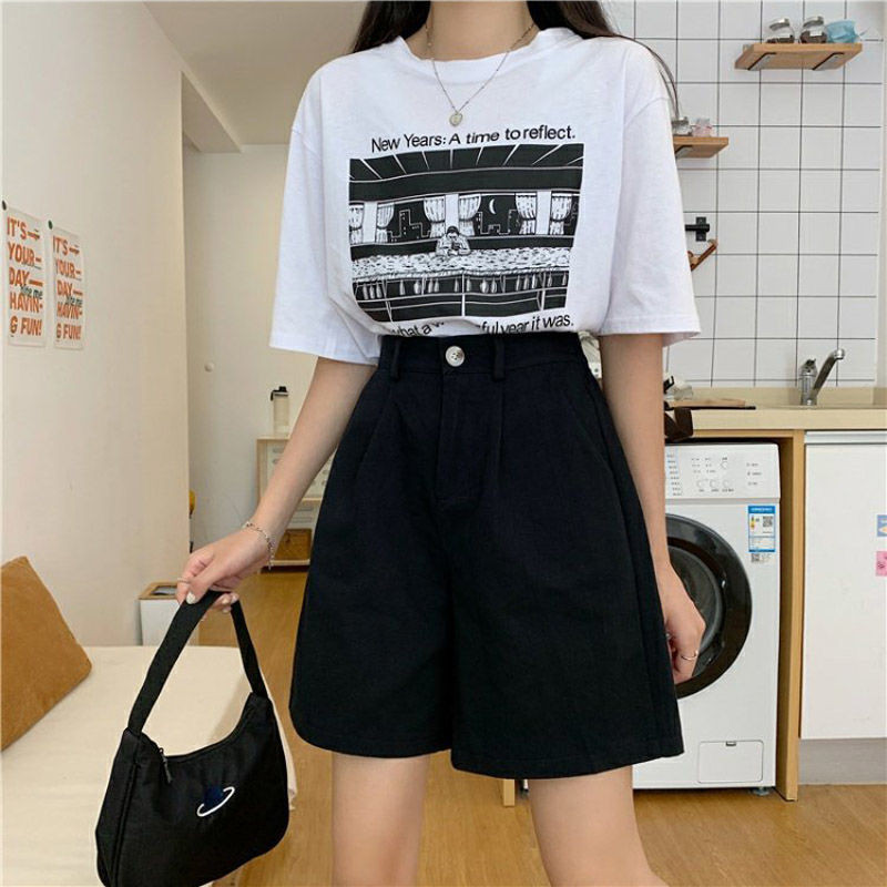 Rövidnadrágok Női Solid Minimalista Női Elegáns nyári koreai diák High Street laza, széles nadrág Népszerű BF stílus Ulzzang