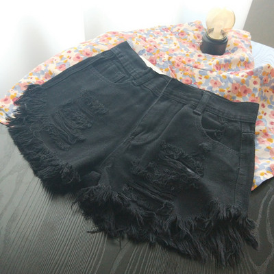 CamKemsey Pantaloni scurți din denim de vară de bază pentru femei coreeane casual, cu talie mijlocie, cu ciucuri cu manșete, găuri rupte, blugi roz, pantaloni scurți