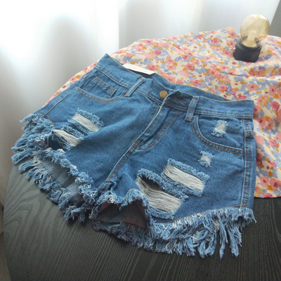 CamKemsey Pantaloni scurți din denim de vară de bază pentru femei coreeane casual, cu talie mijlocie, cu ciucuri cu manșete, găuri rupte, blugi roz, pantaloni scurți