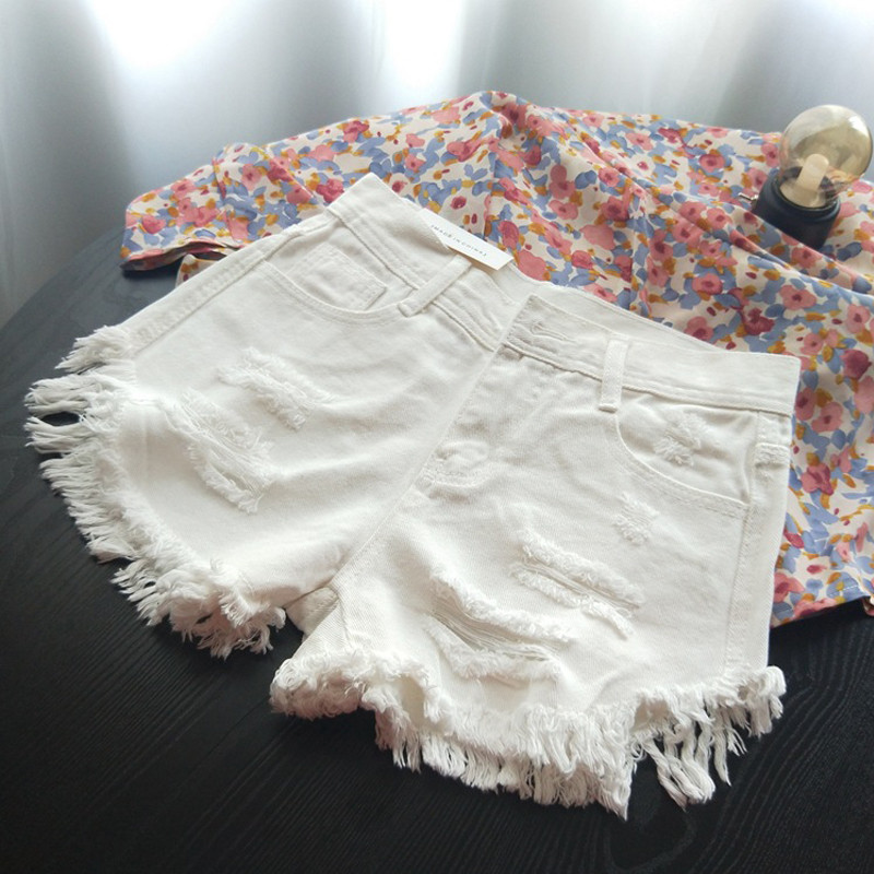 CamKemsey Pantaloni scurți din denim de vară de bază pentru femei coreeane casual, cu talie mijlocie, cu ciucuri cu manșete, găuri rupte, blugi roz, pantaloni scurți