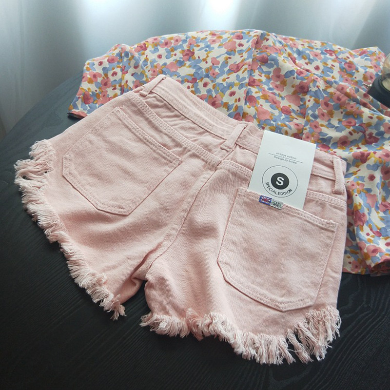 CamKemsey Pantaloni scurți din denim de vară de bază pentru femei coreeane casual, cu talie mijlocie, cu ciucuri cu manșete, găuri rupte, blugi roz, pantaloni scurți