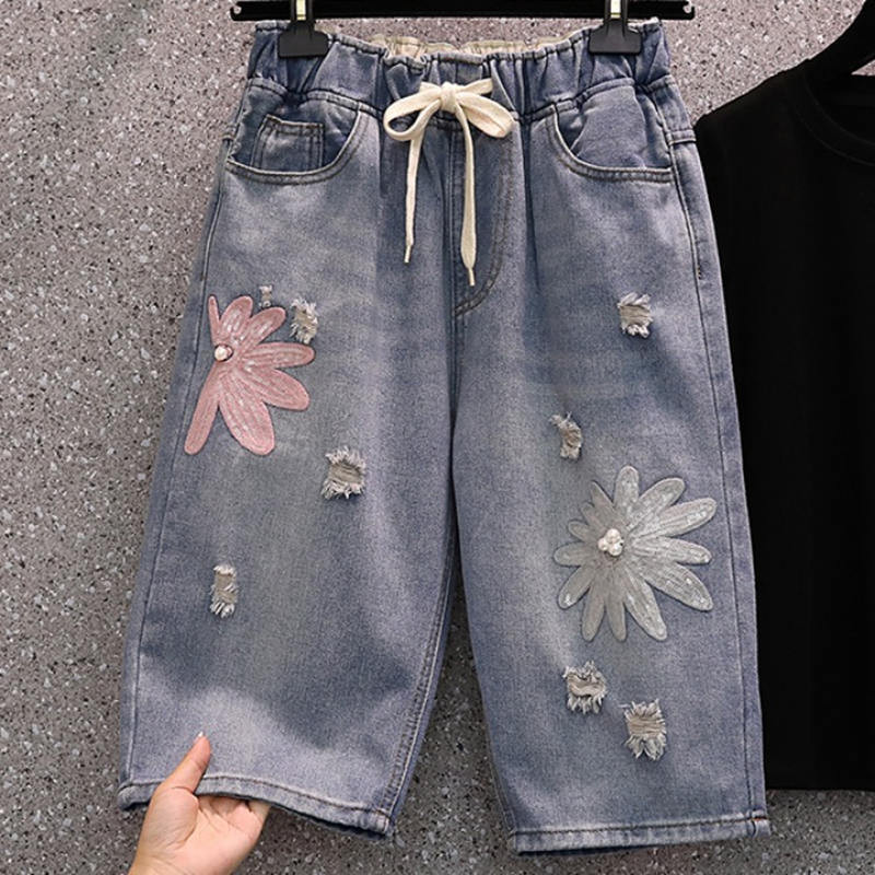 4XL Didelio dydžio siuvinėjimas Džinsiniai vasariniai šortai Moteriški laisvi vidutinio dydžio tiesūs šortai Vintažiniai laisvalaikio trumpi moteriški, skylėtai plėšyti džinsai C7477