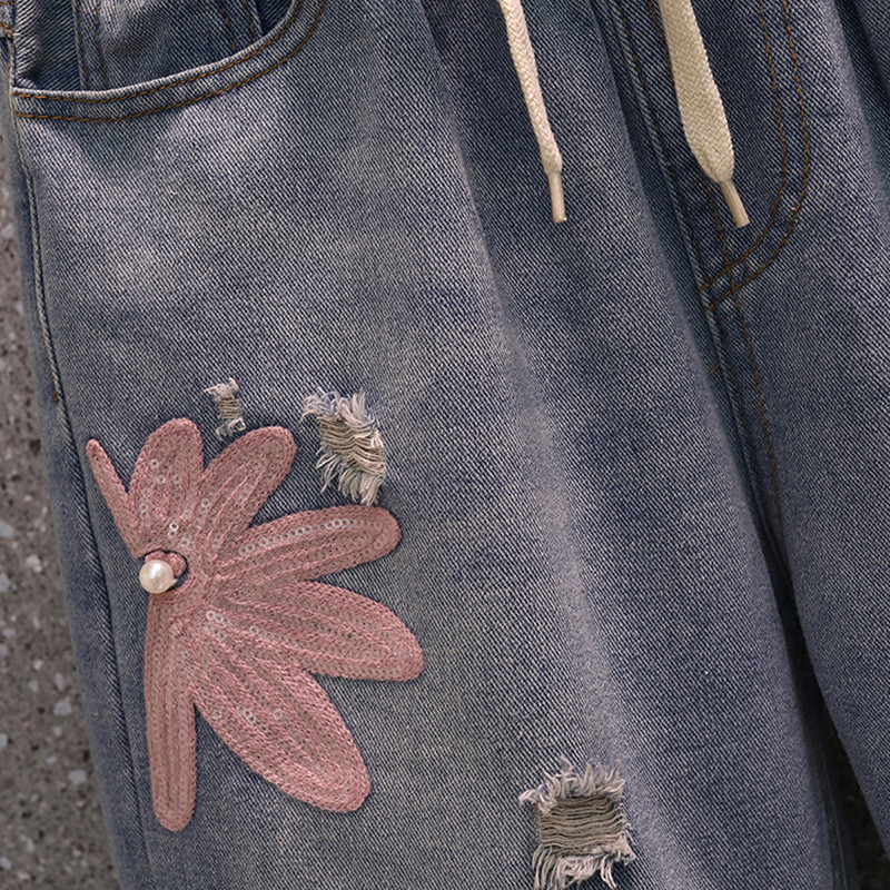 4XL Didelio dydžio siuvinėjimas Džinsiniai vasariniai šortai Moteriški laisvi vidutinio dydžio tiesūs šortai Vintažiniai laisvalaikio trumpi moteriški, skylėtai plėšyti džinsai C7477