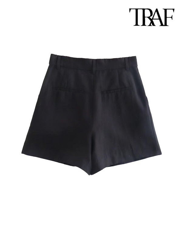 TRAF női divatos oldalzsebek elöl Darted bermuda rövidnadrágok Vintage magas derekú cipzárral Fly női rövid nadrágok Mujer