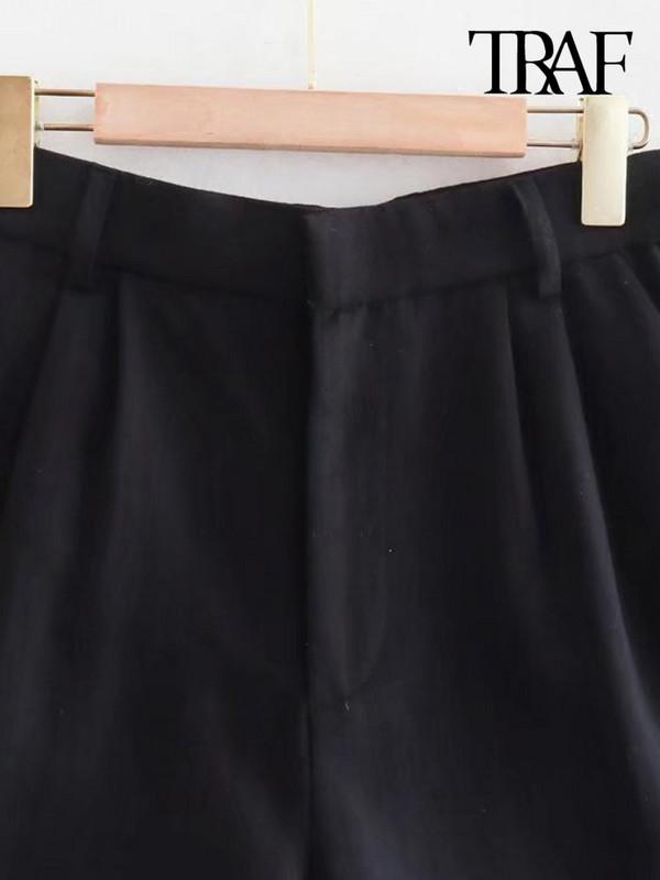 TRAF női divatos oldalzsebek elöl Darted bermuda rövidnadrágok Vintage magas derekú cipzárral Fly női rövid nadrágok Mujer