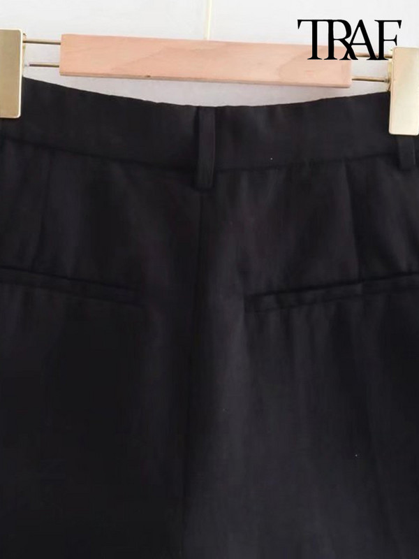 TRAF női divatos oldalzsebek elöl Darted bermuda rövidnadrágok Vintage magas derekú cipzárral Fly női rövid nadrágok Mujer